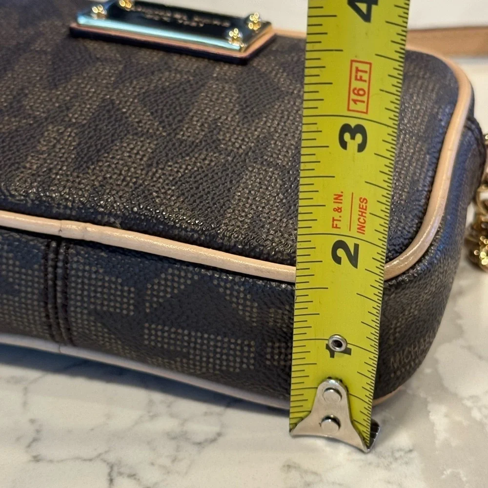 Michael Kors Dark Brown Monogram Camera Crossbody Bag with Gold Accents